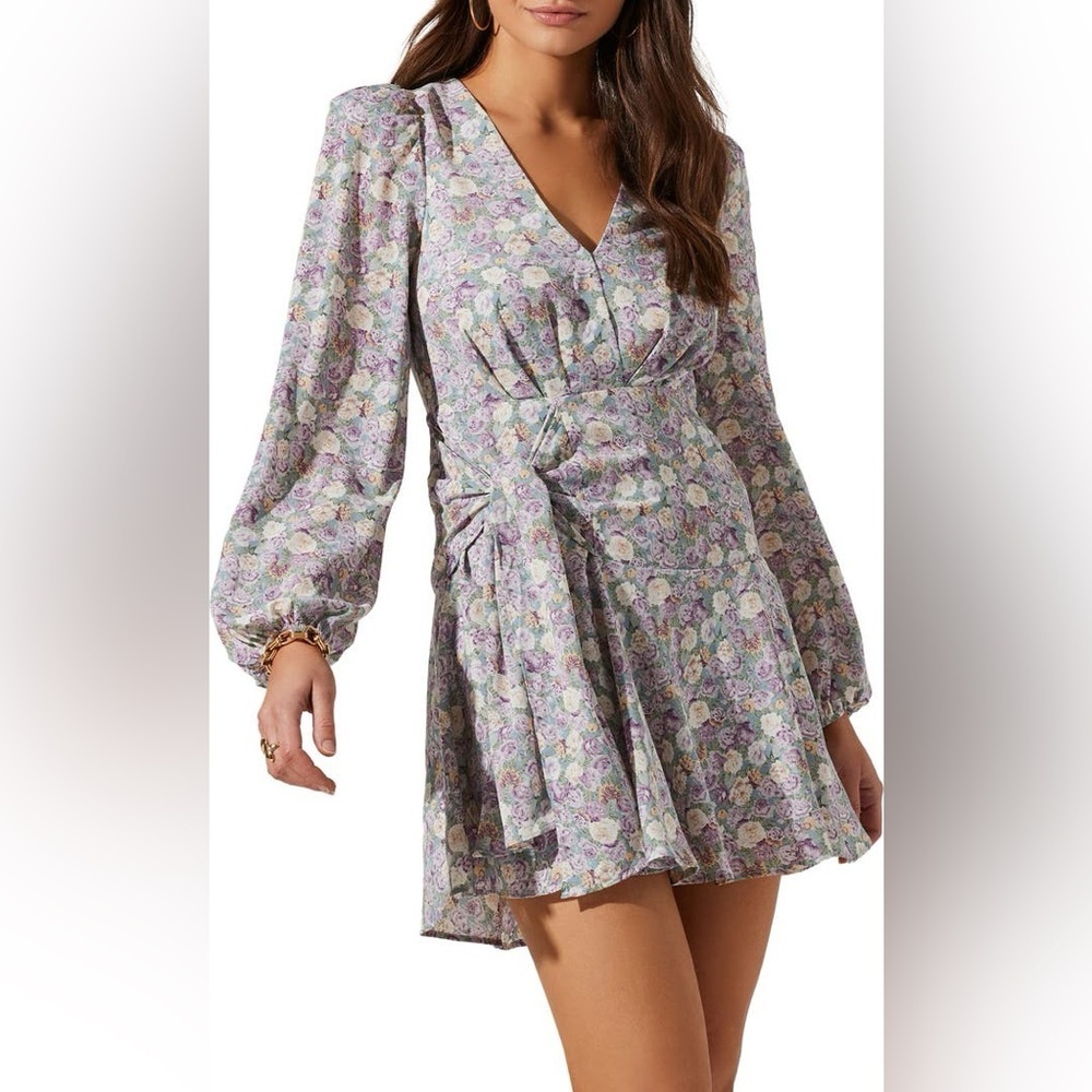 ASTR The Label Purple Multi Floral Wrap Dress Long Sleeve
